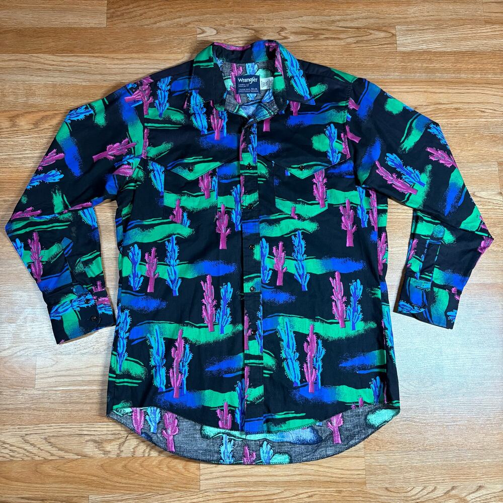 Vintage Wrangler Cowboy Cut Half Collar Button Shirt‎ Neon Cactus USA 16.5-34